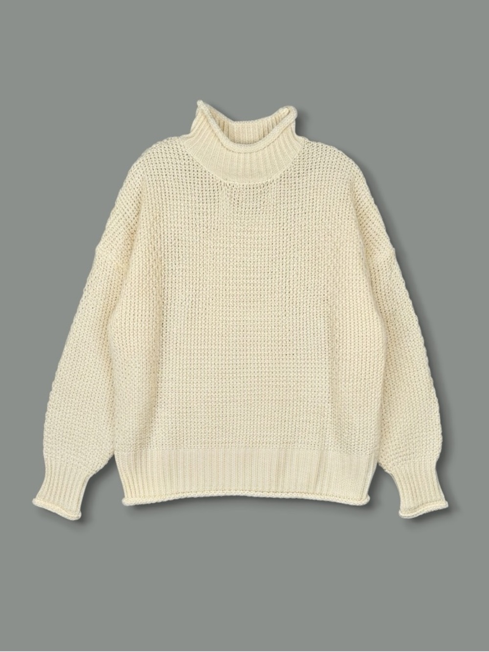 Chunky Open Knit Mock Neck Sweater Oversized Drop Shoulder Cream S